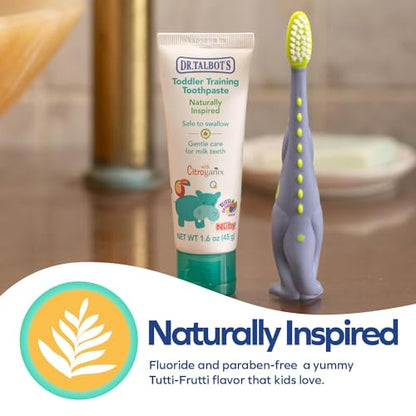 Dr. Talbot's Toddler Training Toothbrush and Natural Kids Toothpaste with Citroganix - 1.6 oz - Fluoride-Free Toothpaste and Toddler Toothbrush - 6+ Months - Alligator