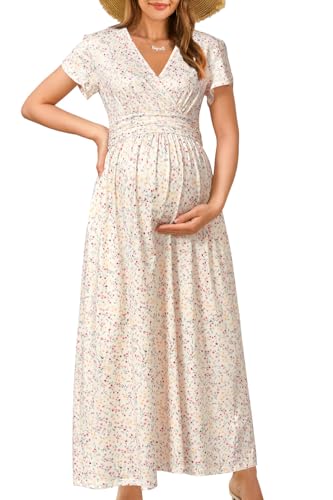 OUGES Maternity Maxi Dress Wrap V Neck Baby Shower Pregnancy Dresses for Photoshoot