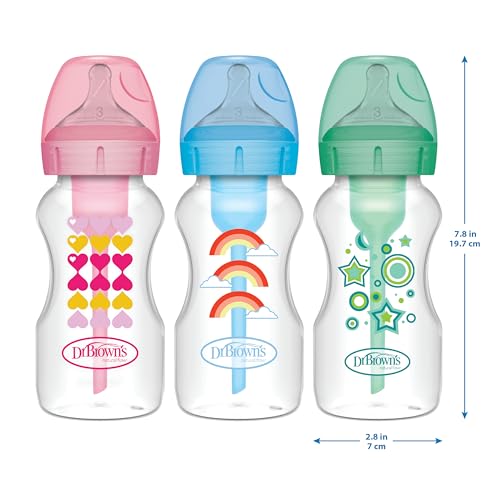 Dr. Brown’s Anti-Colic Options+ Wide-Neck Sippy Bottle Starter Kit, 9oz/270mL, with Level 3 Medium-Fast Flow Nipple and Soft 100% Silicone Sippy Spout, Pink, BPA Free, 6m+