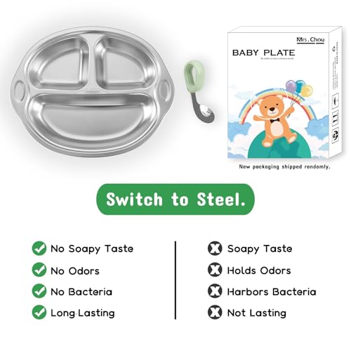 Mrs. Chou® Stainless Steel Baby Suction Plates Divided Designed for Babies and Toddlers, Made of 100% Food-Grade Materials Ideal for Baby-Led Weaning BPA-Free Toddler Feeding Supplies Dishwasher Safe