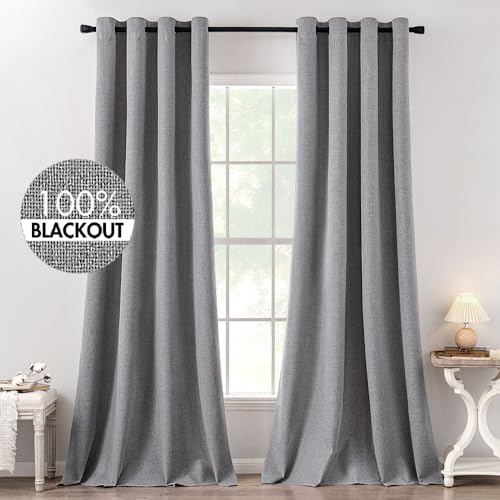 MIULEE 100% Blackout Linen Textured Curtains for Bedroom Solid Thermal Insulated Natural Beige Grommet Room Darkening Curtains & Drapes Luxury Decor for Living Room Nursery 52 x 84 Inch (2 Panels)
