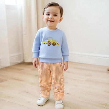 Toddler Baby Boy Fall Winter Outfit Long Sleeve Excavator Embroidery Pullover Plaid Wide Leg Pants Infant Clothes