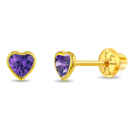 14k Yellow Gold 4mm Bezel Set Heart Cubic Zirconia Screw Back Earrings for Baby Girls, Toddlers and Young Girls - Cute Heart Earring Studs for Children with Locking Screw Backs for Kids