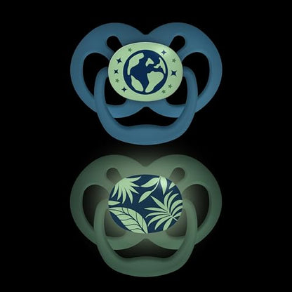Dr. Brown's Advantage Glow-in-the-Dark Baby Pacifier, Fully Symmetrical Soother with Soft Silicone Bulb, Scooter Squirrel-Purple Nature, 6-18m, BPA Free, 4 Pack