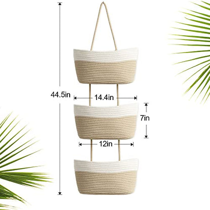 TeoKJ Over the Door Hanging Basket, 3-Tier Woven Cotton Wall-Mounted Storage Organizer Bag Decorative Hanging Nursery Baskets - Jute