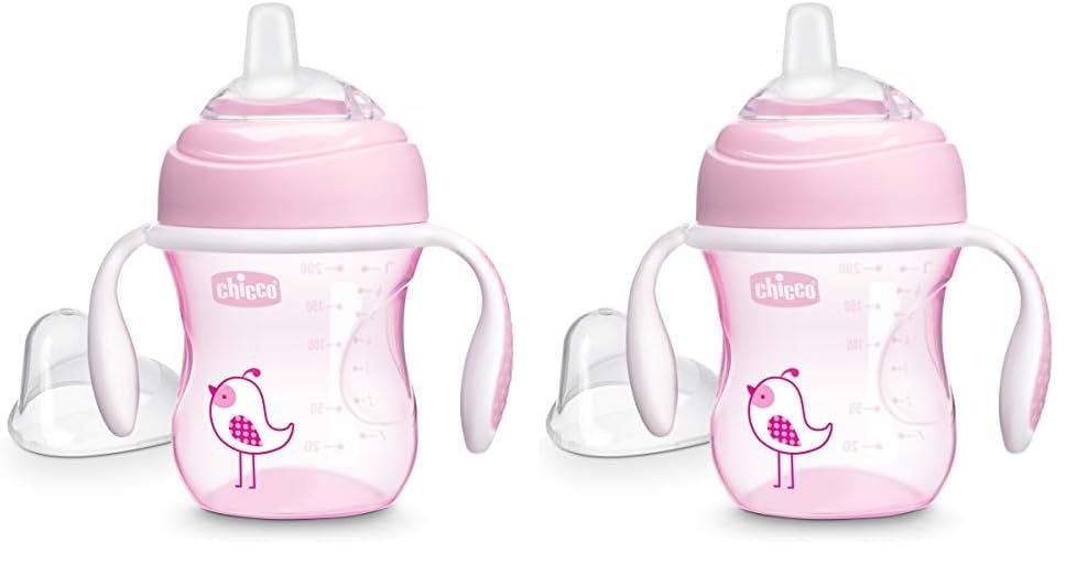 Chicco Transition Sippy Cup with Silicone Spout and Spill-Free Lid 7oz.| Calibration Markings | Removable Handles | Top-Rack Dishwasher Safe | Easy to Hold with Ergonomic Indents | Pink| 4+ Months