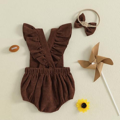 Football Baby Girl Outfit Embroidery Football Romper Ruffle Sleeve Corduroy Bodysuit Overalls Game Day Clothes