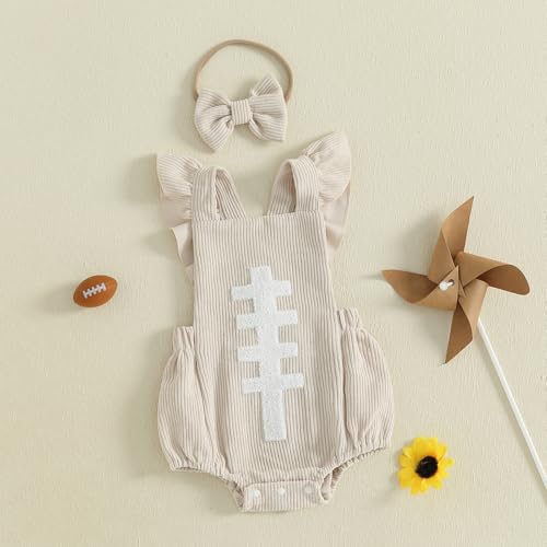 Football Baby Girl Outfit Embroidery Football Romper Ruffle Sleeve Corduroy Bodysuit Overalls Game Day Clothes