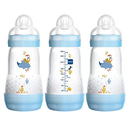 MAM 9oz Easy Start Anti-Colic Baby Bottles, Medium Flow, Breastfeeding-Like Silicone Nipple Bottle, Reduces Colic, Gas, & Reflux, Easy-to-Clean, BPA-Free, Colors May Vary