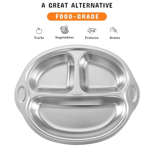 Mrs. Chou® Stainless Steel Baby Suction Plates Divided Designed for Babies and Toddlers, Made of 100% Food-Grade Materials Ideal for Baby-Led Weaning BPA-Free Toddler Feeding Supplies Dishwasher Safe