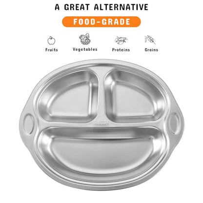 Mrs. Chou® Stainless Steel Baby Suction Plates Divided Designed for Babies and Toddlers, Made of 100% Food-Grade Materials Ideal for Baby-Led Weaning BPA-Free Toddler Feeding Supplies Dishwasher Safe