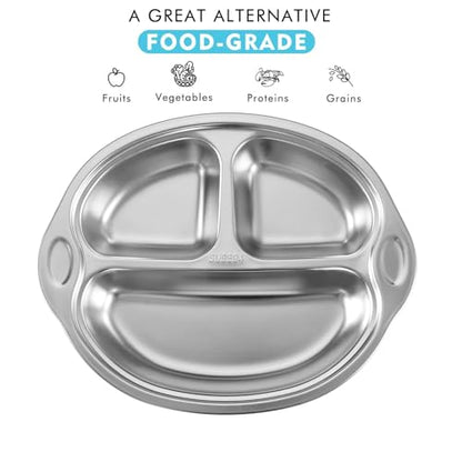 Mrs. Chou® Stainless Steel Baby Suction Plates Divided Designed for Babies and Toddlers, Made of 100% Food-Grade Materials Ideal for Baby-Led Weaning BPA-Free Toddler Feeding Supplies Dishwasher Safe