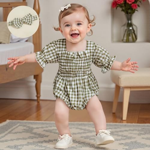 Infant Baby Girls Romper Ruffle Sleeve Pleated Smocked Bubble Plaid One Piece Ruched Jumpsuit Summer Bodysuit