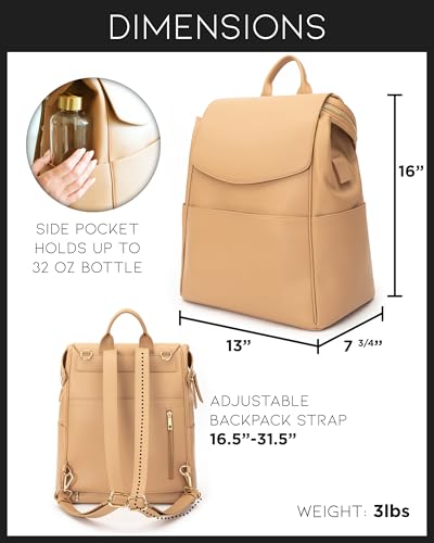 Leather Diaper Bag Backpack with USB Charging port, Changing Pad, Stroller Straps, and Bottle Holder (Brown Olivia)