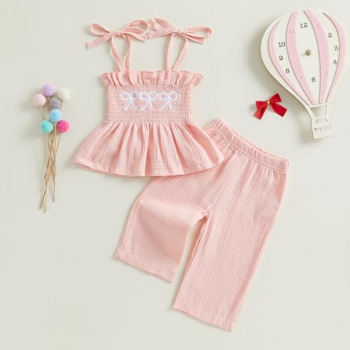 VISGOGO Infant Baby Toddler Girls Clothes Solid Color Sleeveless Camisole Linen Pants Set Baby Summer Outfits