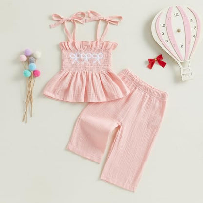 VISGOGO Infant Baby Toddler Girls Clothes Solid Color Sleeveless Camisole Linen Pants Set Baby Summer Outfits