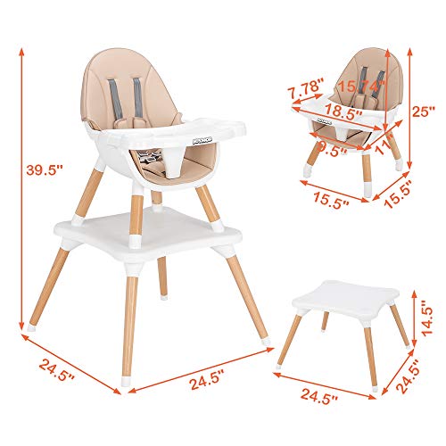 JOYMOR 5-in-1 Convertible Baby High Chair for Babies and Toddlers, Table and Chair Set, Wooden Infant Eating Highchair with Leather Seat Cushion, 4-Position Removeable & Adjustable Tray (Biege)