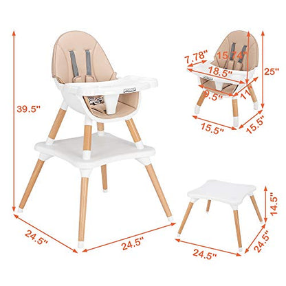 JOYMOR 5-in-1 Convertible Baby High Chair for Babies and Toddlers, Table and Chair Set, Wooden Infant Eating Highchair with Leather Seat Cushion, 4-Position Removeable & Adjustable Tray (Biege)
