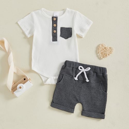 fhutpw Baby Boy Clothes Short Sleeve Romper & Shorts Sets Newborn 3 6 12 Months Summer Knitted Ribbed Splicing Color Outfits