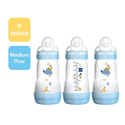 MAM 9oz Easy Start Anti-Colic Baby Bottles, Medium Flow, Breastfeeding-Like Silicone Nipple Bottle, Reduces Colic, Gas, & Reflux, Easy-to-Clean, BPA-Free, Colors May Vary