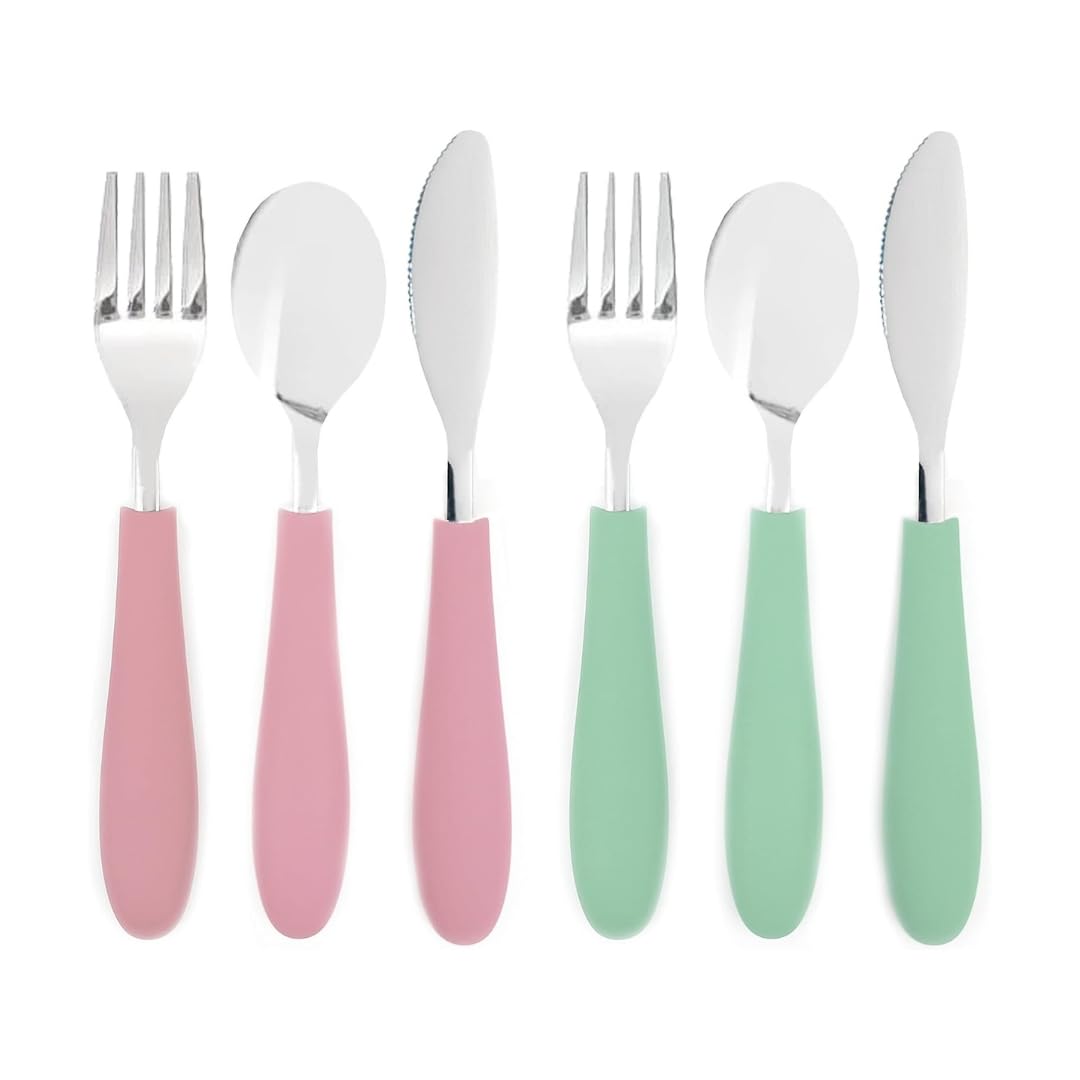 Elk and Friends Kids Silverware with Silicone Handle | Childrens Safe Flatware | Kids Utensils | Spoon + Fork + Knife set | 4 years+ | 6 Pieces