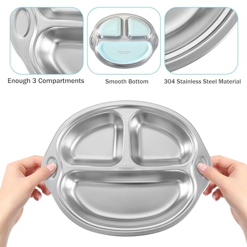 Mrs. Chou® Stainless Steel Baby Suction Plates Divided Designed for Babies and Toddlers, Made of 100% Food-Grade Materials Ideal for Baby-Led Weaning BPA-Free Toddler Feeding Supplies Dishwasher Safe