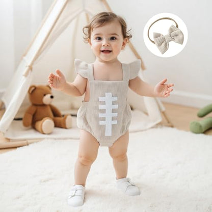 Football Baby Girl Outfit Embroidery Football Romper Ruffle Sleeve Corduroy Bodysuit Overalls Game Day Clothes