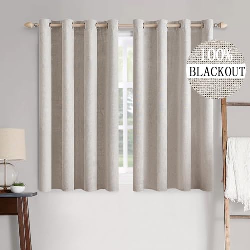 MIULEE 100% Blackout Linen Textured Curtains for Bedroom Solid Thermal Insulated Natural Beige Grommet Room Darkening Curtains & Drapes Luxury Decor for Living Room Nursery 52 x 84 Inch (2 Panels)