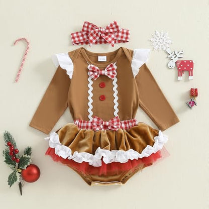 Baby Girl Christmas Outfit Gingerbread Ruffle Romper with Tutu Mini Skirt Shorts and Headband Set Fall Clothes