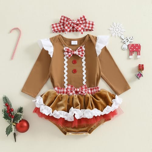Baby Girl Christmas Outfit Gingerbread Ruffle Romper with Tutu Mini Skirt Shorts and Headband Set Fall Clothes