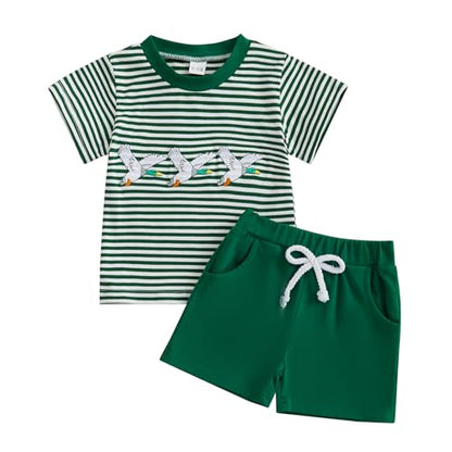 Toddler Baby Boy Summer Outfits Short Sleeve Embroidered T Shirt Tees + Striped/Plaid Shorts Infant Clothes Set