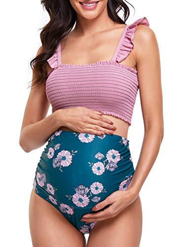 Summer Mae Maternity High Waist Bikini Swimsuit Two Piece Ruffled Hem Cute Bathing Suit Floral Pregnancy Swimwear