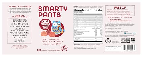 SmartyPants Kids Multivitamin Gummies: Omega 3 Fish Oil (EPA/DHA), Vitamin D3, C, Vitamin B12, B6, A, K & Zinc for Immune Support, Biotin, Gluten Free, Three Fruit Flavors, 120 Count (30 Day Supply)