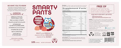 SmartyPants Kids Multivitamin Gummies: Omega 3 Fish Oil (EPA/DHA), Vitamin D3, C, Vitamin B12, B6, A, K & Zinc for Immune Support, Biotin, Gluten Free, Three Fruit Flavors, 120 Count (30 Day Supply)