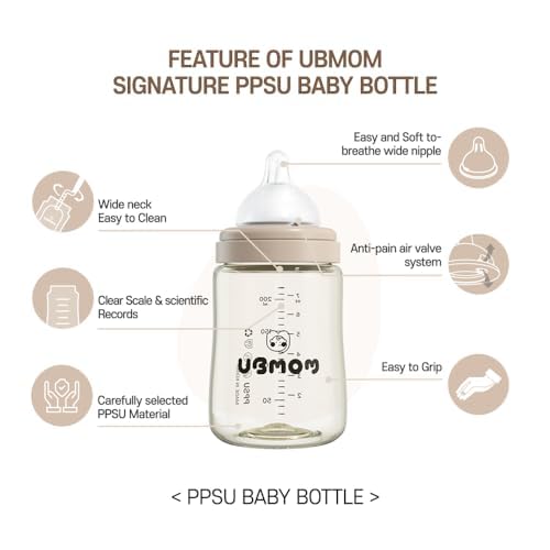 PPSU All in One Baby Bottle, PPSU Baby Bottle for Breastfeeding Babies, Anti-Colic Wide-Neck Non-Tip Stable Base, Easy to Clean Natural Baby Bottle 200ml, 6.76oz, Nipple S Level(0~3M) (Beige)