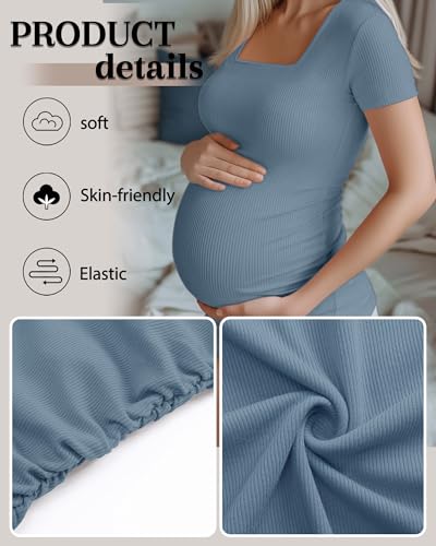 Huukeay 4 Pack Women's Maternity Shirts Cotton Ribbed Short Sleeve Square Neck Pregnancy Tops Side Ruched Summer Tee