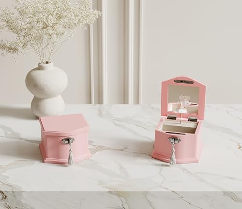 Wooden Musical Jewelry Box for girls with Mirror and Key Lock, Gift for Kids on Birthdays and Holidays (Pink, Small) (Beige, Small)