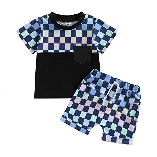 Toddler Baby Boy Summer Clothes Set Short Sleeve Checkered Tops & Shorts Novelty Color Block Outfits