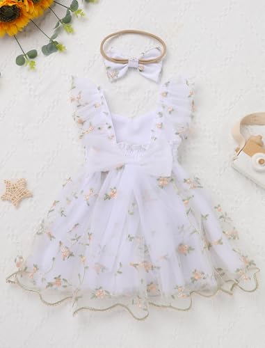 IDOPIP Floral Embroidered Baby Girl Romper Tutu Dress Princess Tulle Jumpsuit Headband Cake Smash 1st Birthday Party Outfit