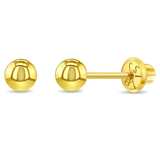 18k Yellow Gold Classic Ball Safety Screw Back Stud Earrings for Babies, Infants, Toddlers, and Little Girls 3mm-5mm - Traditional Plain Ball 18k Gold Stud Earrings for Baby Girls