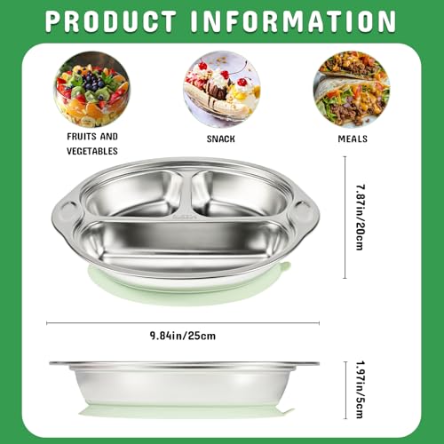 Mrs. Chou® Stainless Steel Baby Suction Plates Divided Designed for Babies and Toddlers, Made of 100% Food-Grade Materials Ideal for Baby-Led Weaning BPA-Free Toddler Feeding Supplies Dishwasher Safe
