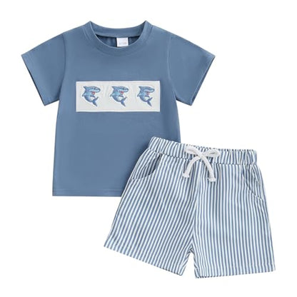 Toddler Baby Boy Summer Outfits Short Sleeve Embroidered T Shirt Tees + Striped/Plaid Shorts Infant Clothes Set