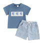 Toddler Baby Boy Summer Outfits Short Sleeve Embroidered T Shirt Tees + Striped/Plaid Shorts Infant Clothes Set