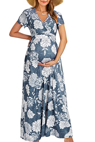 OUGES Maternity Maxi Dress Wrap V Neck Baby Shower Pregnancy Dresses for Photoshoot