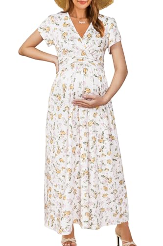 OUGES Maternity Maxi Dress Wrap V Neck Baby Shower Pregnancy Dresses for Photoshoot