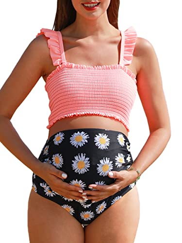 Summer Mae Maternity High Waist Bikini Swimsuit Two Piece Ruffled Hem Cute Bathing Suit Floral Pregnancy Swimwear