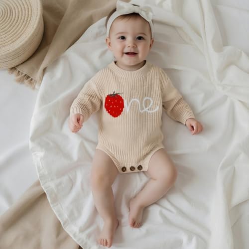 Baby Girl First Birthday Outfit One Year Old Strawberry Embroidery Knit Sweater Romper Warm Fall Winter Clothes