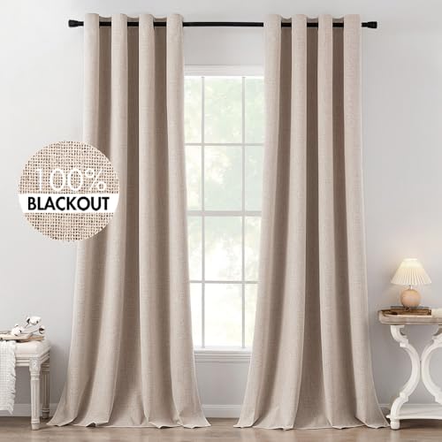 MIULEE 100% Blackout Linen Textured Curtains for Bedroom Solid Thermal Insulated Natural Beige Grommet Room Darkening Curtains & Drapes Luxury Decor for Living Room Nursery 52 x 84 Inch (2 Panels)