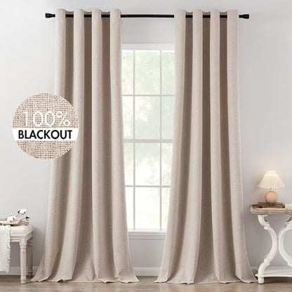 MIULEE 100% Blackout Linen Textured Curtains for Bedroom Solid Thermal Insulated Natural Beige Grommet Room Darkening Curtains & Drapes Luxury Decor for Living Room Nursery 52 x 84 Inch (2 Panels)
