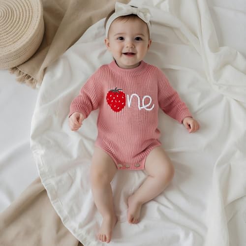 Baby Girl First Birthday Outfit One Year Old Strawberry Embroidery Knit Sweater Romper Warm Fall Winter Clothes